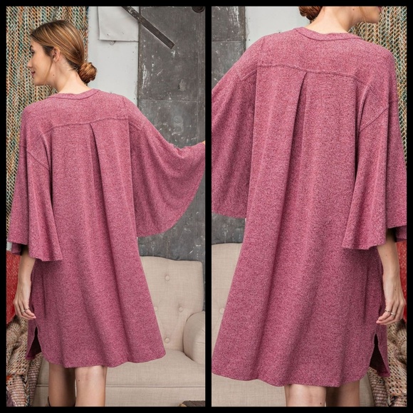 EASEL Hacci Knit Sweater Dress Mandarin Collar V-Neck & Statement Bell Sleeves - Picture 2 of 16